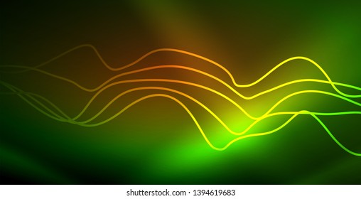 Glowing abstract wave on dark, shiny motion, magic space light. Vector techno abstract background
