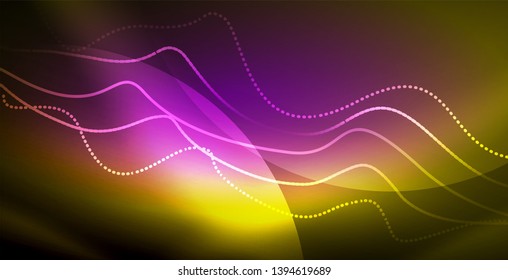 Glowing abstract wave on dark, shiny motion, magic space light. Vector techno abstract background