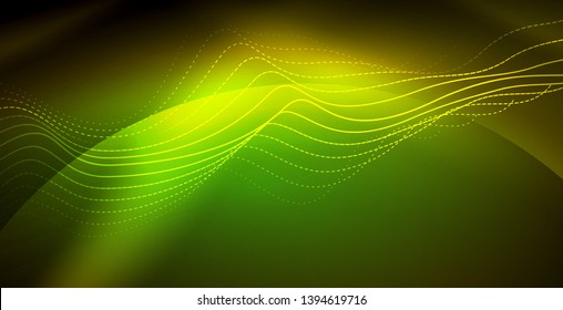 Glowing abstract wave on dark, shiny motion, magic space light. Vector techno abstract background