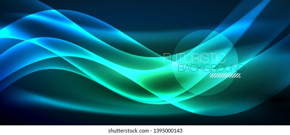 Glowing abstract wave on dark, shiny motion, magic space light. Vector techno abstract background
