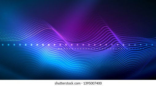 Glowing abstract wave on dark, shiny motion, magic space light. Vector techno abstract background, blue color
