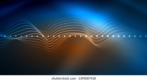 Glowing abstract wave on dark, shiny motion, magic space light. Vector techno abstract background, blue color