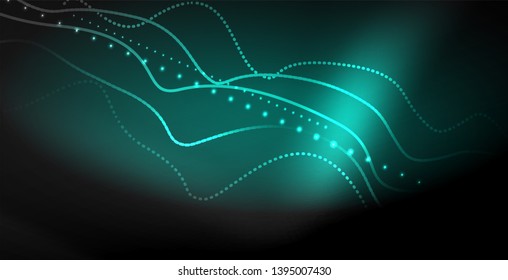Glowing abstract wave on dark, shiny motion, magic space light. Vector techno abstract background