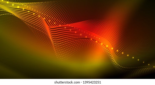 Glowing abstract wave on dark, shiny motion, magic space light. Vector techno abstract background