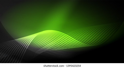 Glowing abstract wave on dark, shiny motion, magic space light. Vector techno abstract background