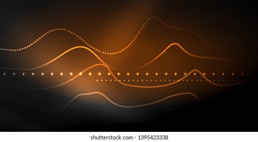 Glowing abstract wave on dark, shiny motion, magic space light. Vector techno abstract background