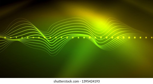 Glowing abstract wave on dark, shiny motion, magic space light. Vector techno abstract background