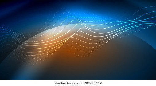 Glowing abstract wave on dark, shiny motion, magic space light. Vector techno abstract background, blue color