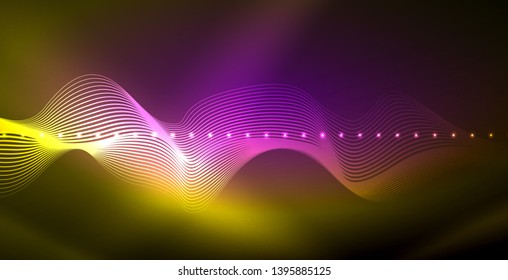 Glowing abstract wave on dark, shiny motion, magic space light. Vector techno abstract background