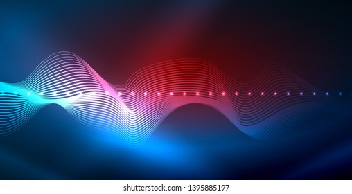 Ola abstracta brillante en movimiento oscuro y brillante, luz espacial mágica. Fondo abstracto vectorial techno, color azul