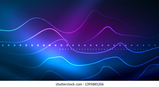 Glowing abstract wave on dark, shiny motion, magic space light. Vector techno abstract background, blue color