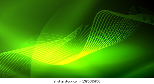 Glowing abstract wave on dark, shiny motion, magic space light. Vector techno abstract background