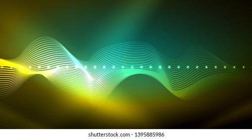 Glowing abstract wave on dark, shiny motion, magic space light. Vector techno abstract background