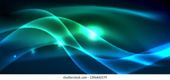 Glowing abstract wave on dark, shiny motion, magic space light. Vector techno abstract background