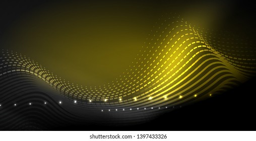 Ola abstracta brillante en movimiento oscuro y brillante, luz espacial mágica. Fondo abstracto Vector Techno