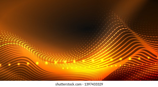 Glowing abstract wave on dark, shiny motion, magic space light. Vector techno abstract background