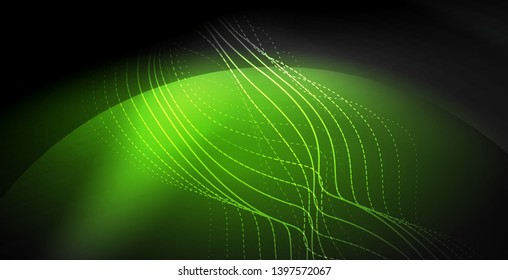 Glowing abstract wave on dark, shiny motion, magic space light. Vector techno abstract background