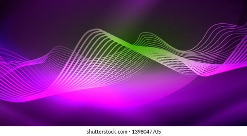 Glowing abstract wave on dark, shiny motion, magic space light. Vector techno abstract background