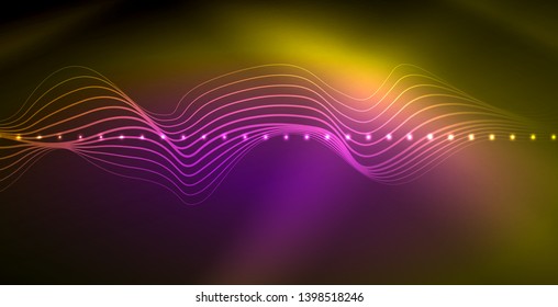 Glowing abstract wave on dark, shiny motion, magic space light. Vector techno abstract background