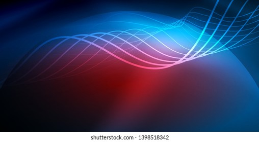 Glowing abstract wave on dark, shiny motion, magic space light. Vector techno abstract background, blue color