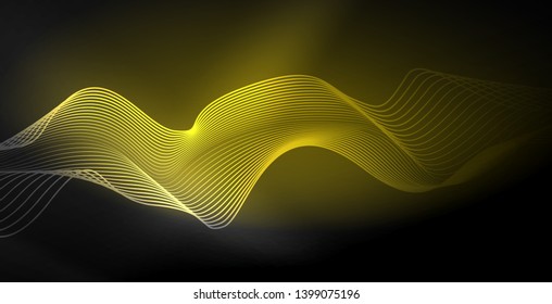 Glowing abstract wave on dark, shiny motion, magic space light. Vector techno abstract background