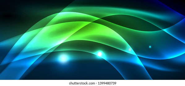 Glowing abstract wave on dark, shiny motion, magic space light. Vector techno abstract background