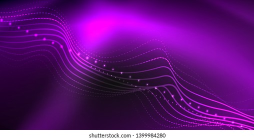 Glowing abstract wave on dark, shiny motion, magic space light. Vector techno abstract background
