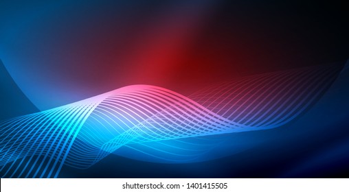 Ola abstracta brillante en movimiento oscuro y brillante, luz espacial mágica. Fondo abstracto vectorial techno, color azul