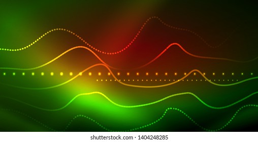 Glowing abstract wave on dark, shiny motion, magic space light. Vector techno abstract background