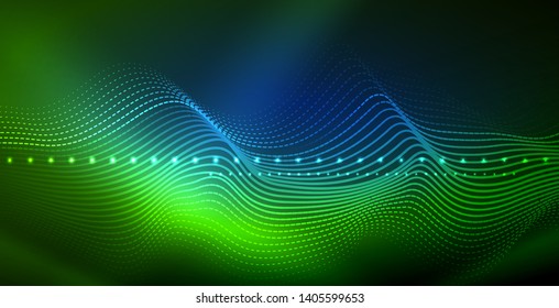 Glowing abstract wave on dark, shiny motion, magic space light. Vector techno abstract background