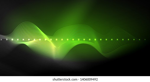 Glowing abstract wave on dark, shiny motion, magic space light. Vector techno abstract background