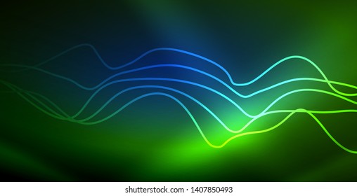Glowing abstract wave on dark, shiny motion, magic space light. Vector techno abstract background