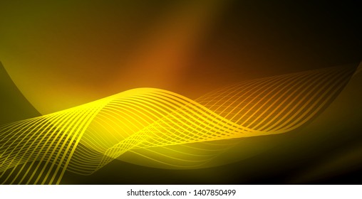 Glowing abstract wave on dark, shiny motion, magic space light. Vector techno abstract background