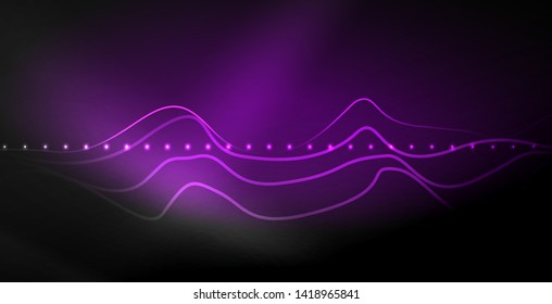 Glowing abstract wave on dark, shiny motion, magic space light. Vector techno abstract background