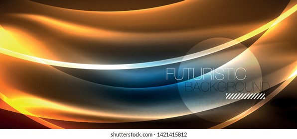 Glowing abstract wave on dark, shiny motion, magic space light. Vector techno abstract background
