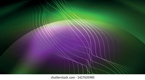 Glowing abstract wave on dark, shiny motion, magic space light. Vector techno abstract background