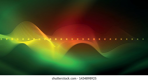Glowing abstract wave on dark, shiny motion, magic space light. Vector techno abstract background