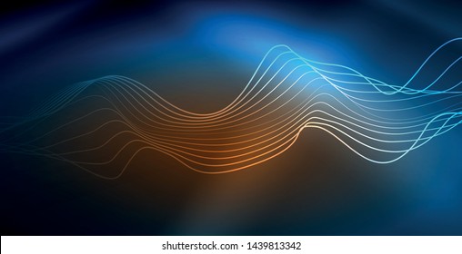 Glowing abstract wave on dark, shiny motion, magic space light. Vector techno abstract background, blue color