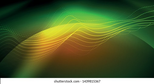Glowing abstract wave on dark, shiny motion, magic space light. Vector techno abstract background
