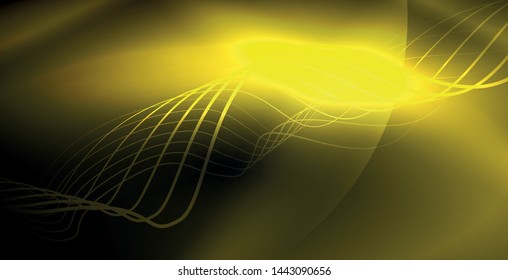 Onda abstrata brilhante no escuro, movimento brilhante, luz do espaço mágico. Plano de fundo abstrato do tecno vetorial