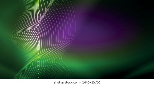 Glowing abstract wave on dark, shiny motion, magic space light. Vector techno abstract background