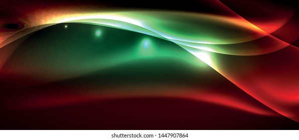 Glowing abstract wave on dark, shiny motion, magic space light. Vector techno abstract background