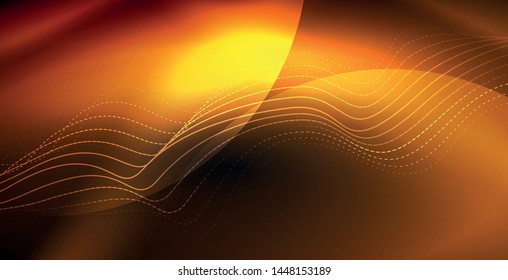 Glowing abstract wave on dark, shiny motion, magic space light. Vector techno abstract background
