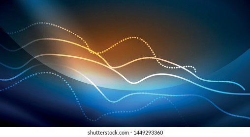 Glowing abstract wave on dark, shiny motion, magic space light. Vector techno abstract background, blue color
