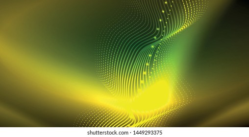 Glowing abstract wave on dark, shiny motion, magic space light. Vector techno abstract background