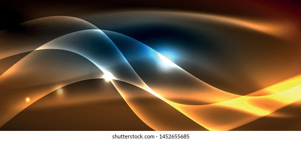 Glowing abstract wave on dark, shiny motion, magic space light. Vector techno abstract background