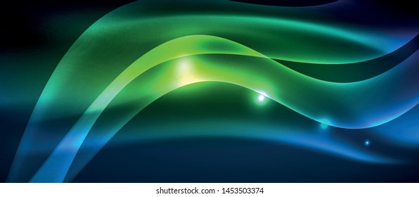 Glowing abstract wave on dark, shiny motion, magic space light. Vector techno abstract background
