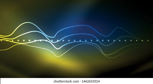 Glowing abstract wave on dark, shiny motion, magic space light. Vector techno abstract background