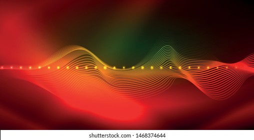 Glowing abstract wave on dark, shiny motion, magic space light. Vector techno abstract background