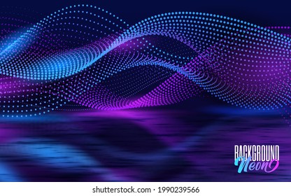 Glowing abstract wave on dark, shiny motion, magic space light with specular blurred reflection from below. Blue and purple colors. Vector techno abstract background.